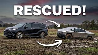 Stuck Cybertruck Pulled out by a Toyota Sienna