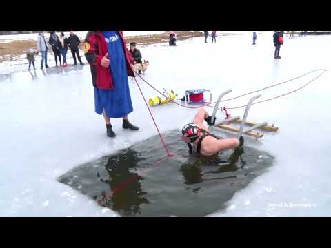 Freediving under the ice. Winter swimming. Poland City Brodnica