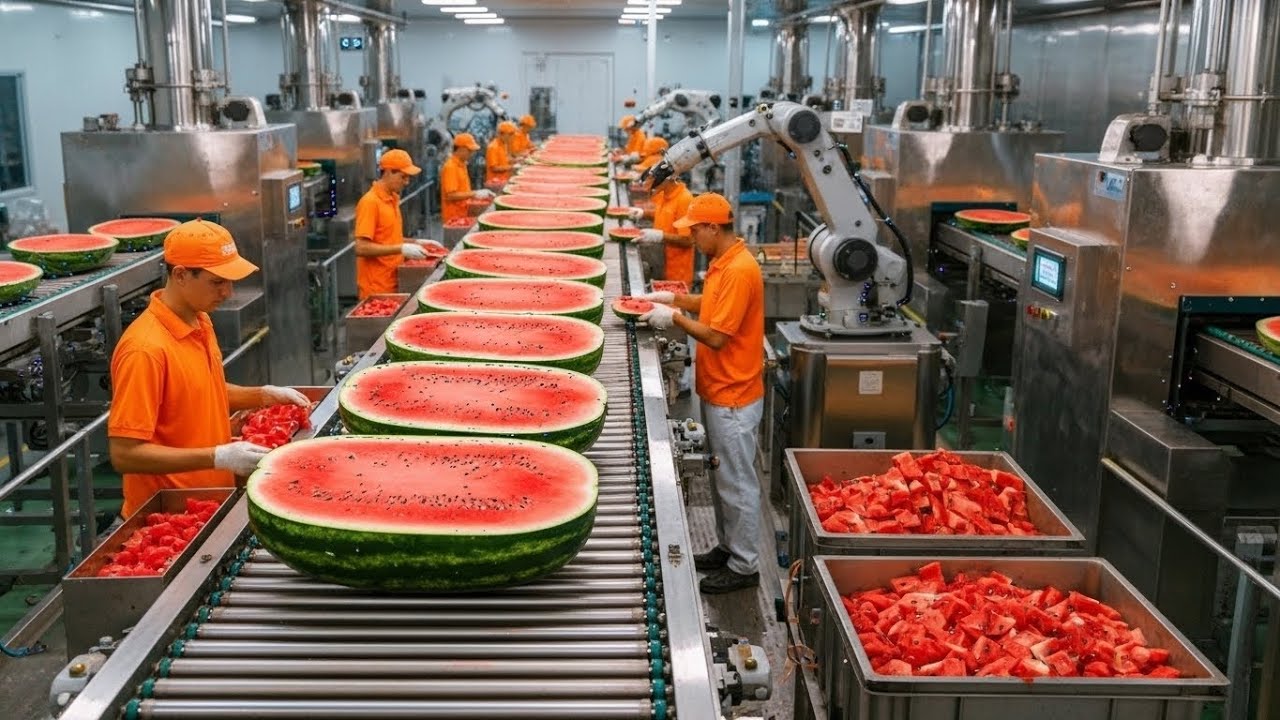 Inside a Modern Watermelon Processing Plant 🍉 | From Whole Melons to Sweet Red Juice (Full Process)