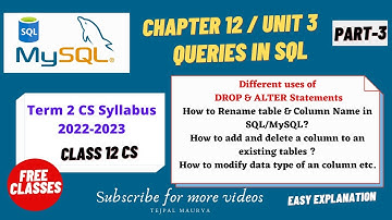 Chapter 12 Queries in SQL | Part 3 | Modifying Structure of A Table   | Alter command | Class 12 CS