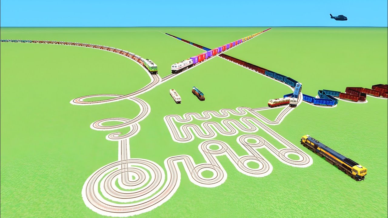 SEVEN CRAZY TRAINS CROSSIN ON CIRCLE SNAKE ZIG ZAG CURVED UTRUN RAILROAD BEANG DRIVE 