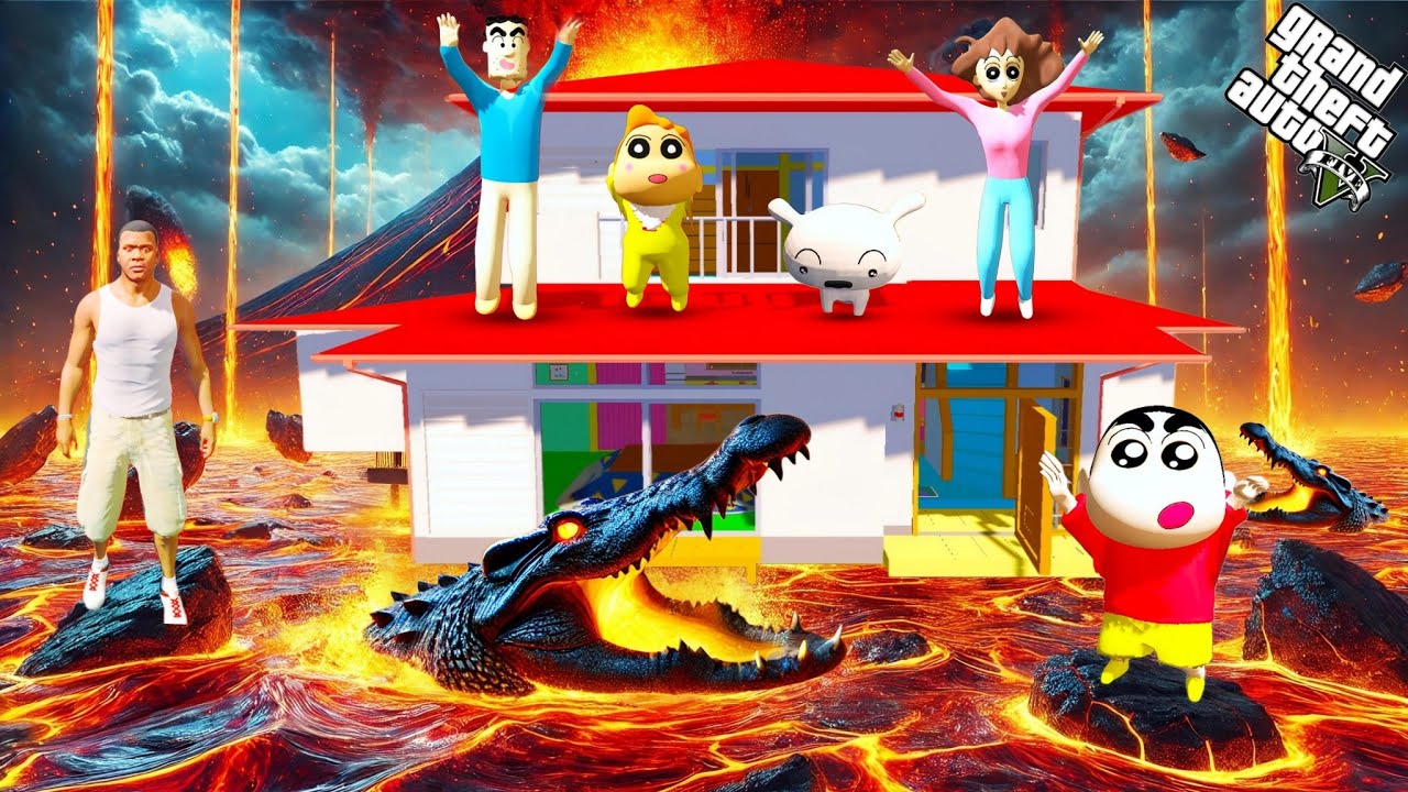 Shinchan House Drowning In Lava Tsunami | Franklin Helps Shinchan's Family In Gta 5