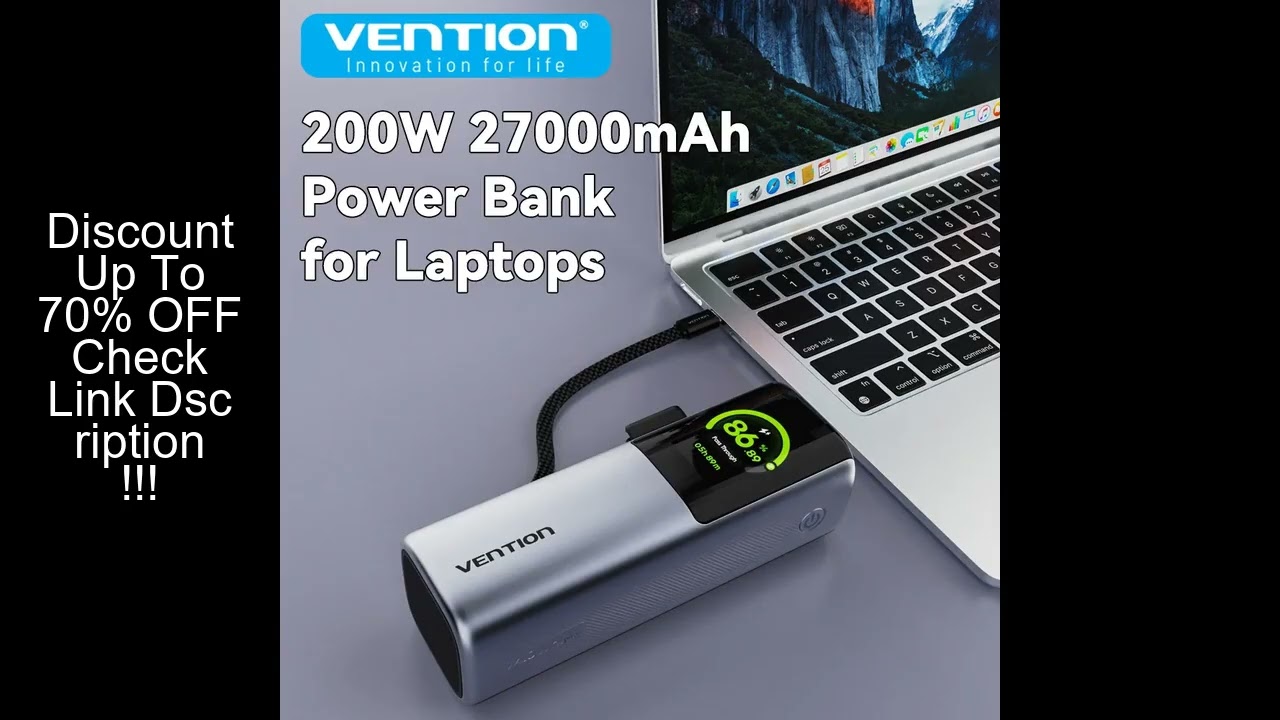 Vention 200W 27000mAh Power Bank PD Fast Charger with Built-in USB-C Cable External Spare Battery Po