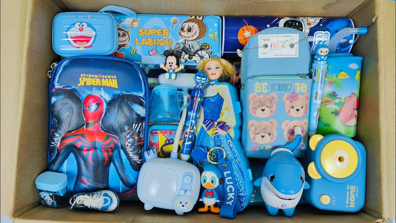 Unboxing Satisfying Blue Stationery📚 Spiderman Pencil Box, Sharpener, Labubu Pen, Geometry Box, Etc