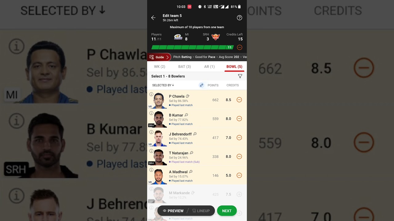 Today Dream 11 Prediction Team |MI VS SRH|