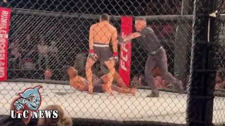 Horrific moment MMA fighter’s leg snaps after just eight seconds in TKO loss before rival bruta...