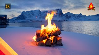 12 HOURS of 🔥 LOFOTEN winter landscape CAMPFIRE, with sounds of crackling firewood and ocean waves