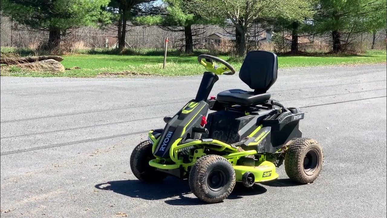 RYobi 38 inch 100 Ah Battery Electric Rear Engine Riding Ride on Lawn Mower  Speed Test How Fast High 