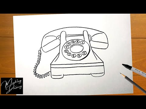 Sketch of old phone vector posters for the wall • posters black, outline,  landline | myloview.com