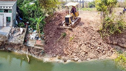 Start Landfill Task! using Dump Trucks 5Ton Unloading & Bulldozer Pushing Soil mix Rock Clear Pond.