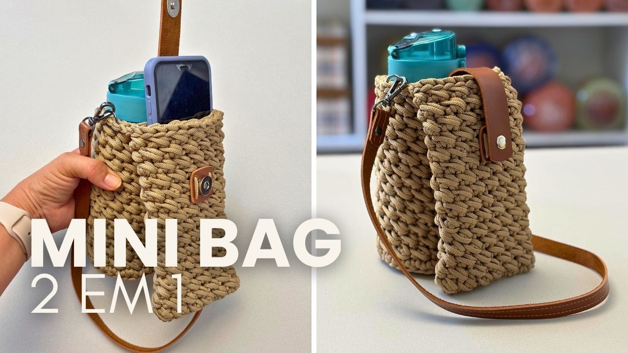 Mini Bag 2 em 1 / Porta celular e garrafinha em crochê / Tutorial para iniciantes