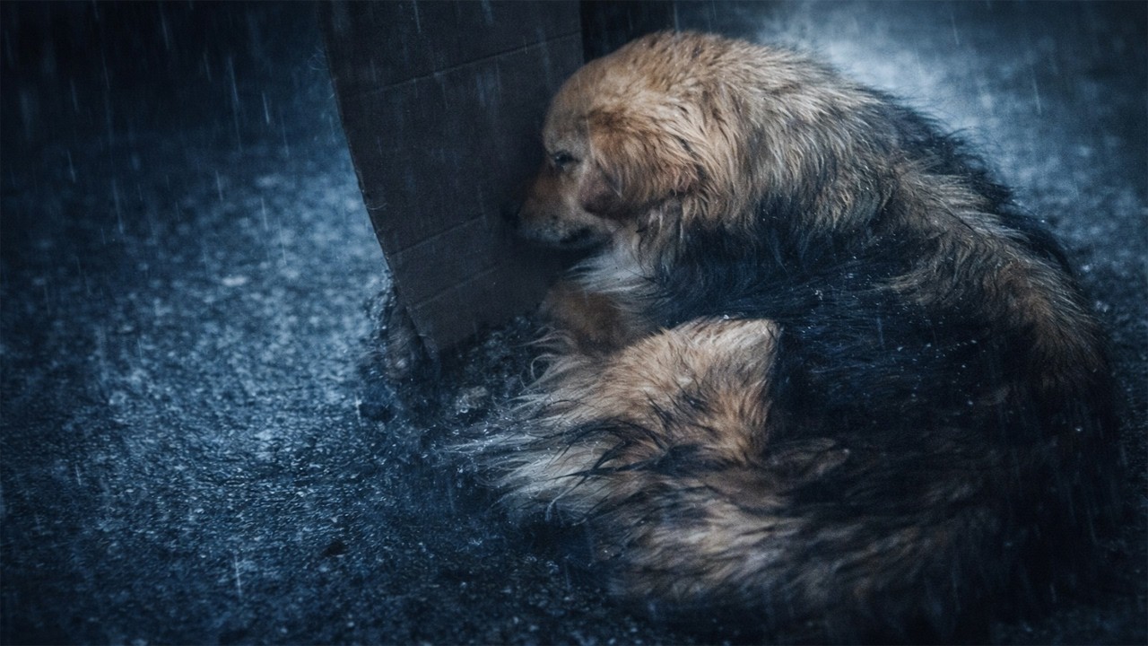 Беспомощная собака кашляла под дождем, свернувшись калачиком в одиночестве и ожидая спасения.