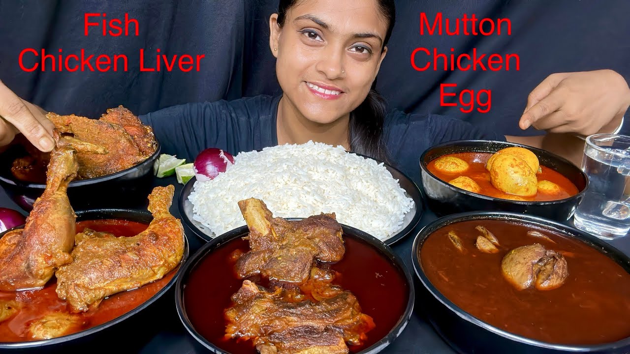 Spicy Lal Mutton Jhol Chicken Curry Egg Curry Chicken Liver Curry Fish Curry With Rice Eating