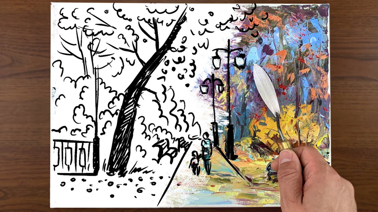 Autumn Park Scenery Drawing | Palette Knife Time Laps Painting | Fully Narrated
