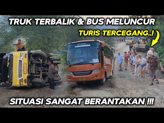 Situasi Sangat Berantakan Hari Ini !!! Truk Terbalik Dan Bus Meluncur Di Tanjakan Batu Jomba class=