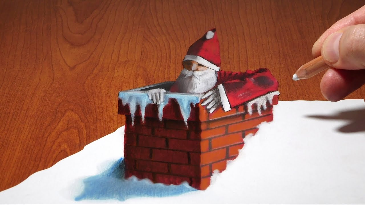 3D Trick Art on Paper, Santa Claus in the chimney
