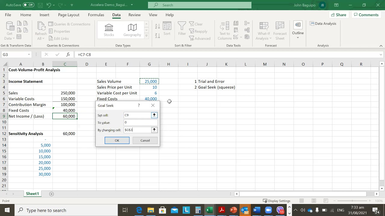 Cost Volume Profit Analysis - tips and tricks in Microsoft Excel