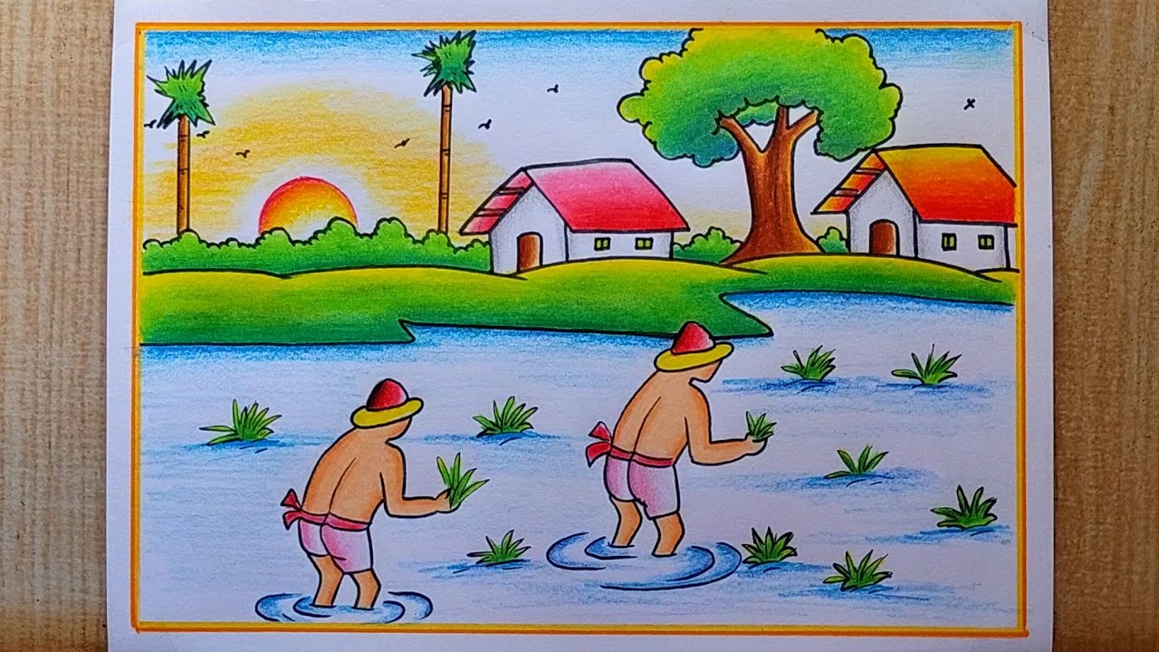 How to draw easy Scenery drawing| Paddy Field With Farmer Scenery ...