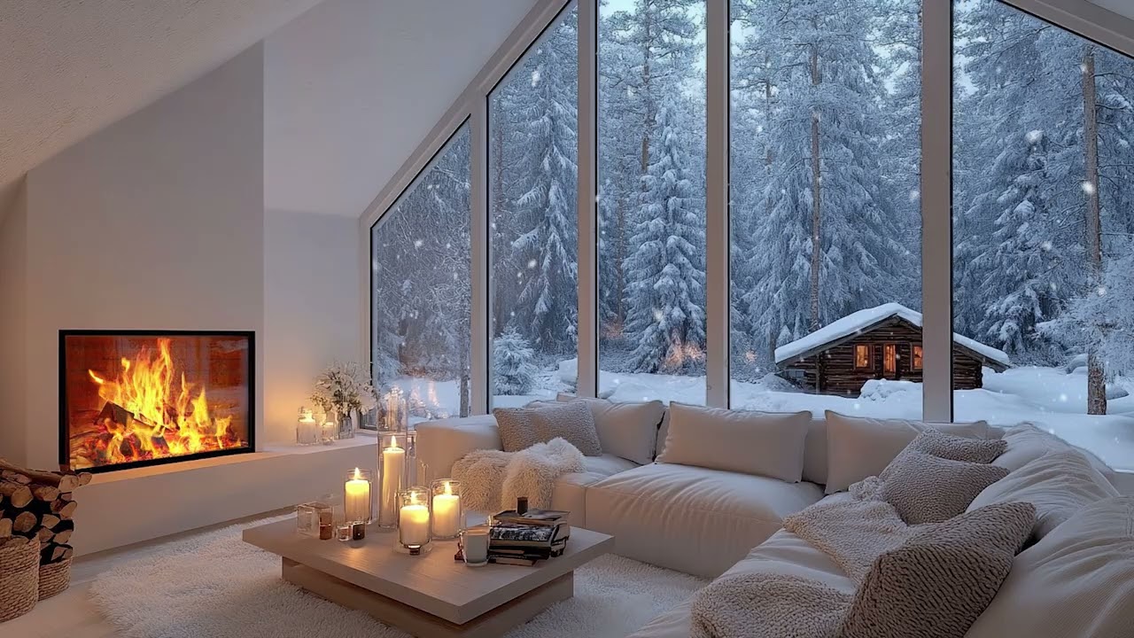 🕯️🎹 Soothing Piano Music with Snowfall & Fireplace | Cozy White Lounge for Focus and Relaxation