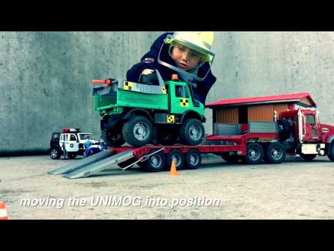 bruder-trucks-for-kids-♦-rocket-propelled-bruder-unimog-test-start-fail-crash-♦-police-fire-engines