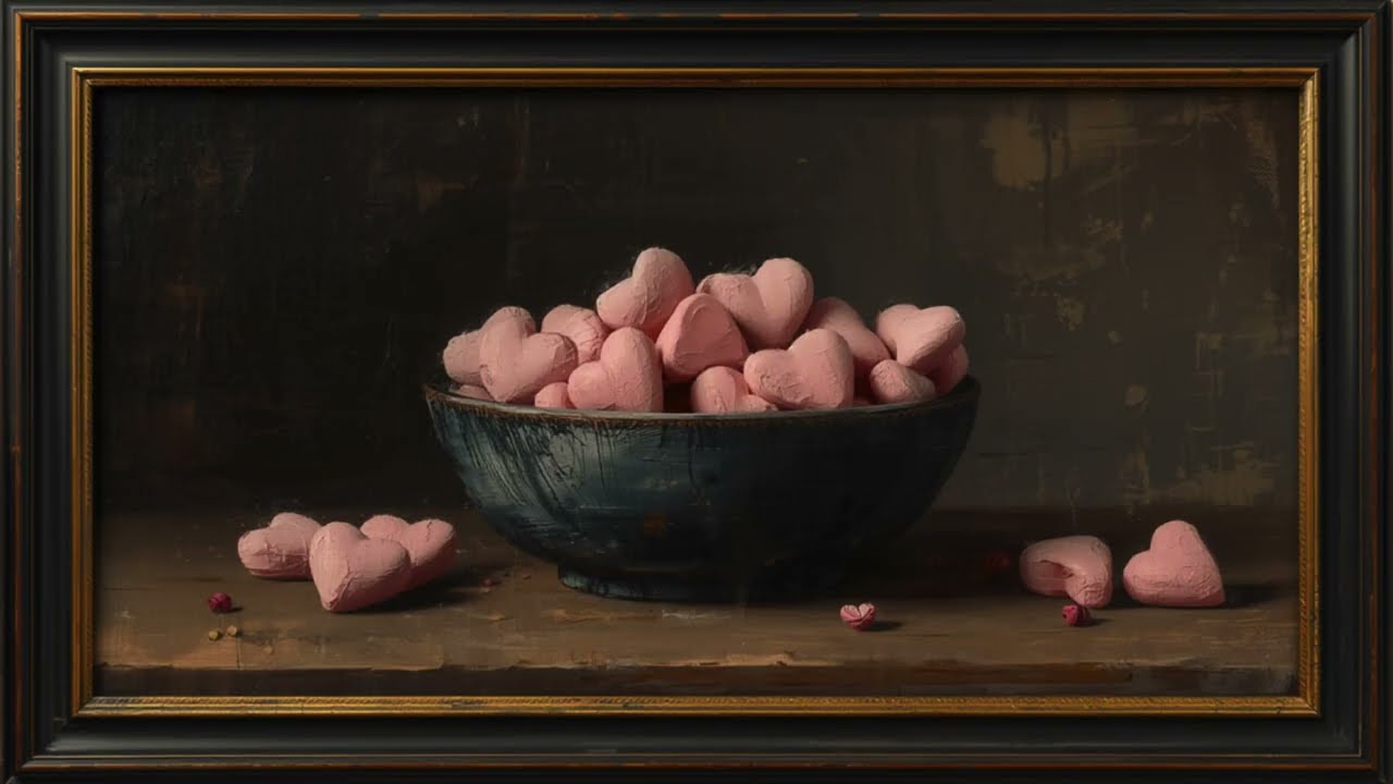 1 HOUR VALENTINES DAY BOWL OF HEARTS VINTAGE TV ART INCLUDING PIANO MUSIC 4K