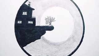 Easy Circle Landscape Drawing for Beginners | Moonlight NightPencil Shading Tutorial