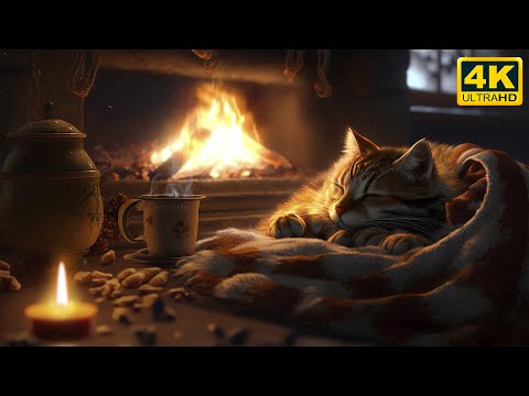 Relax with Purring Cat and Crackling Fireplace 4K ? Sleep in Cozy Winter Ambience