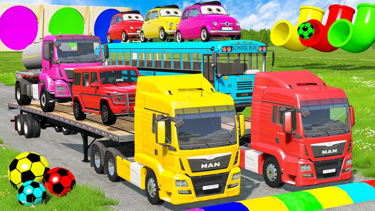 Double Flatbed Trailer Monster Trucks Transport with Truck - Cars vs Rails and Train - BeamNG Drive