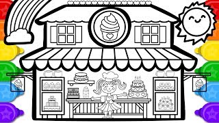 Glitter bakery house drawing and coloring for kids | learn how to draw and color a bakery house