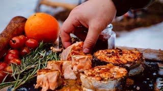 Under the Open Sky: Cooking Delicious Salmon Steak in the Winter Atmosphere. #asmr #cookingvideo