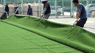 Process of making and installing artificial turf on the bare ground. Korean fake grass factory