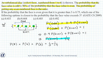 An unbalanced dice (with 6 faces, numbered from 1 to 6) is thrown. The probability that GATE CS 2009