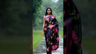 Y Indian Model Wearing Blue And Red Floral Print Saree Walking In Photoshoot