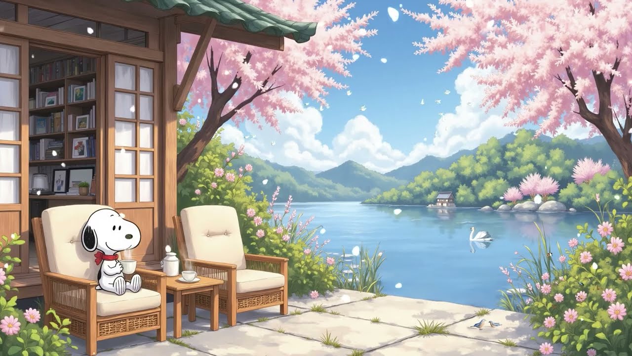 Morning Coffee on the Lakeside Porch with Snoopy ☕ Cozy Cafe Spring Lofi Beats to Study & Relax 24/7