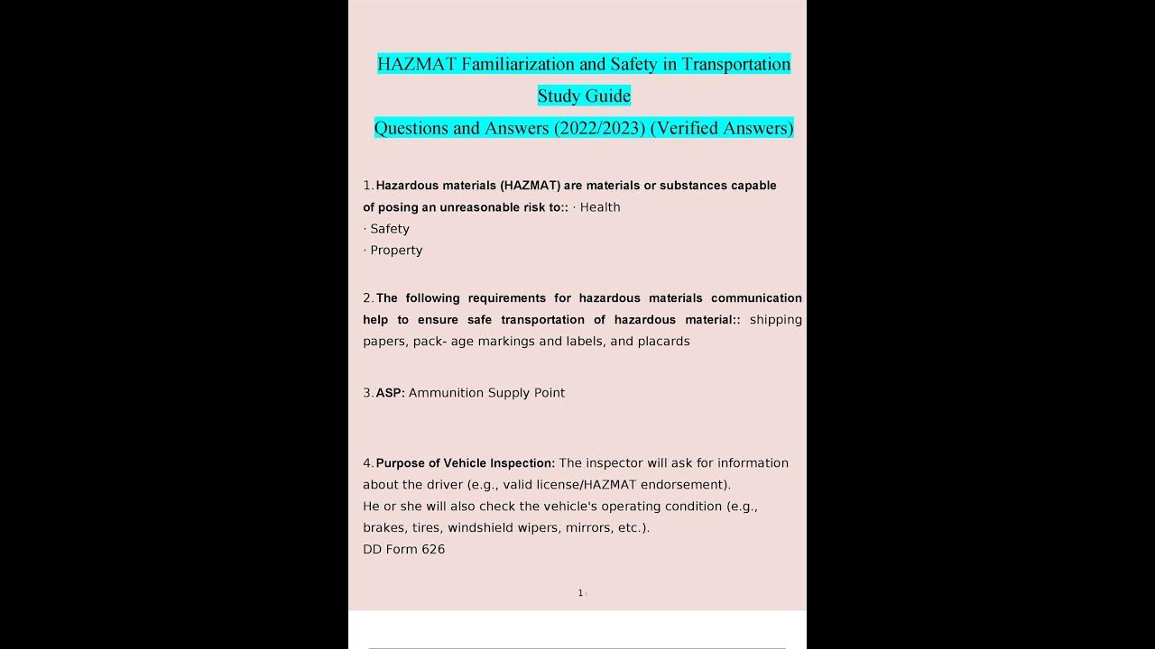 HAZMAT Familiarization and Safety In Transportation study questions