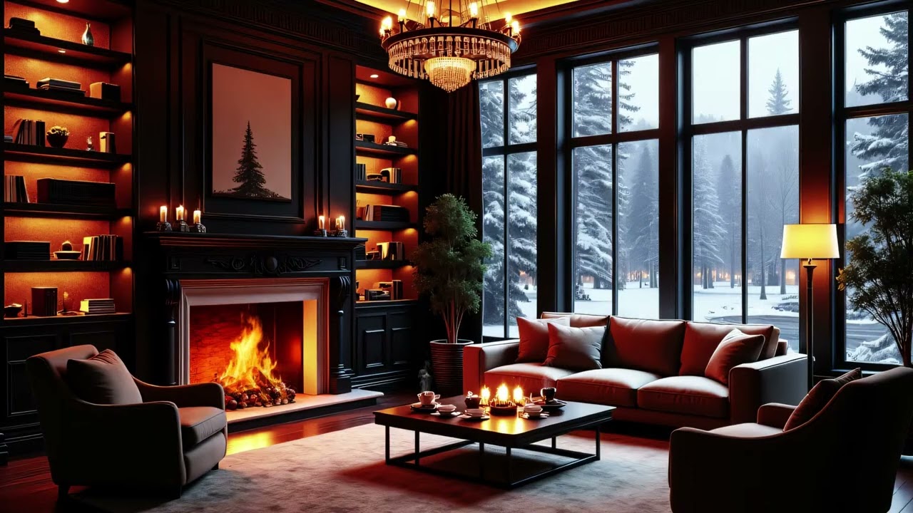 Elegant Winter Jazz Lounge | Warm Interior, Snowy Outside