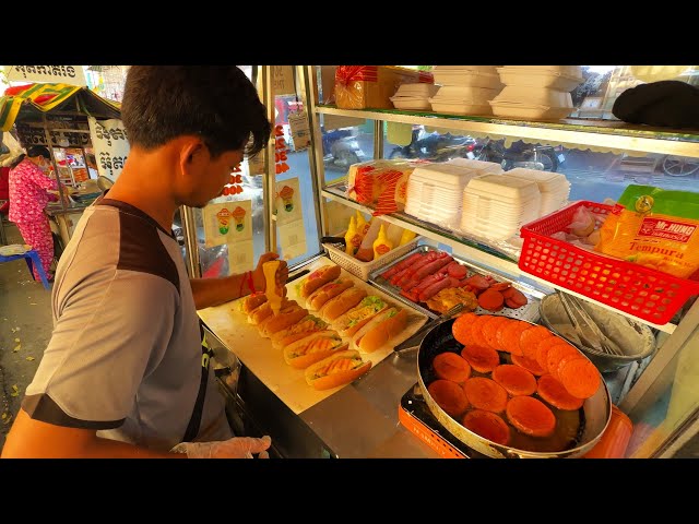 Fast Serving Fast Food ! Under $1 Hamburger & Sandwich Made By A Young Man! Cambodian Street Food class=