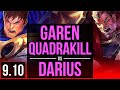 GAREN vs DARIUS (TOP) | Quadrakill, KDA 12/0/8, Legendary | Korea Diamond | v9.10
