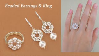 DIY Classic Beaded Wreath Earrings & Beaded Ring with White Pearls. Make Pearl Beaded Jewelry Set