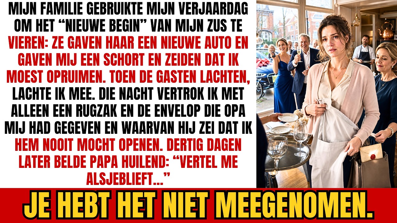 Ik stond op mijn eigen verjaardagsfeest in het schort dat mijn moeder me had aangereikt, terwijl veertig gasten het glas hieven op de gloednieuwe auto van mijn zus. “Op de ander kunnen we altijd...