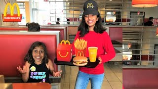 Kids pretend play working at McDonald's with surprise toys part 3