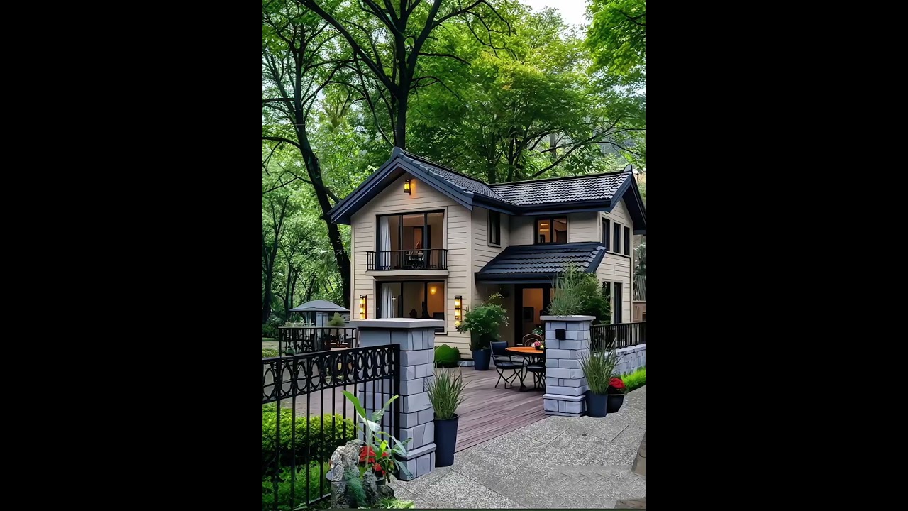 There is a small home with a small yard, blooming flowers, green trees. 