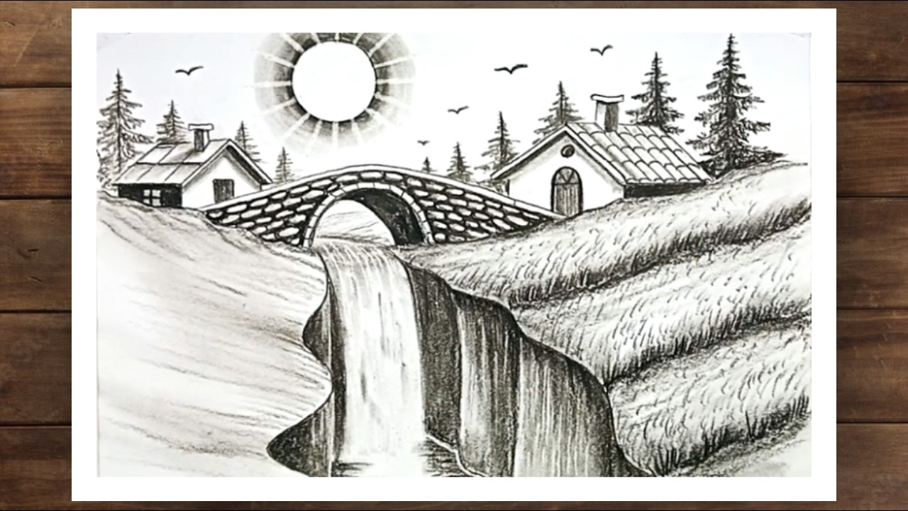 Easy Waterfall Bridge Landscape Drawing | Pencil Scenery Tutorial - YouTube