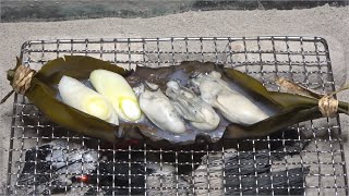 牡蠣の昆布舟焼き-Grilled oysters with Kombu (kelp) boat-Japanese food【江戸長火鉢　109杯目】