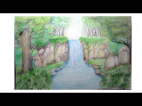 cara menggambar pemandangan alam air terjun - YouTube