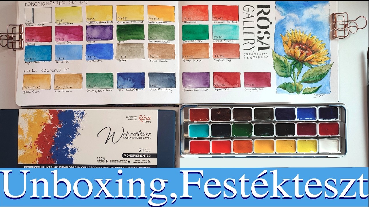 Rosa Gallery Monopigmented Set Akvarell Unboxing, Sketchbook Swatch, Napraforgó festés, stb