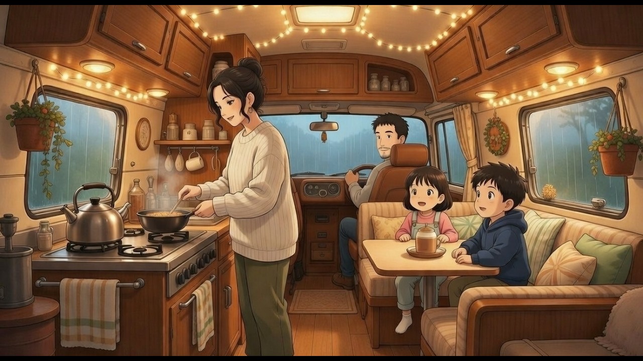 A Cozy Rainy Night in Our Camper Van 🌧️ Beach Camping & Warm Family Moments | Studio Ghibli-Style