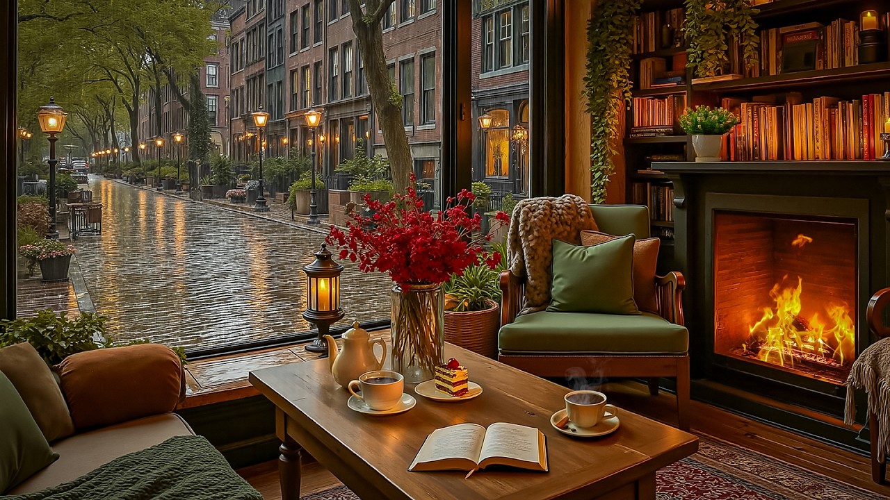 Warm Café Ambience in February 🌧️ Smooth Jazz & Fireplace Sounds for Inner Calm