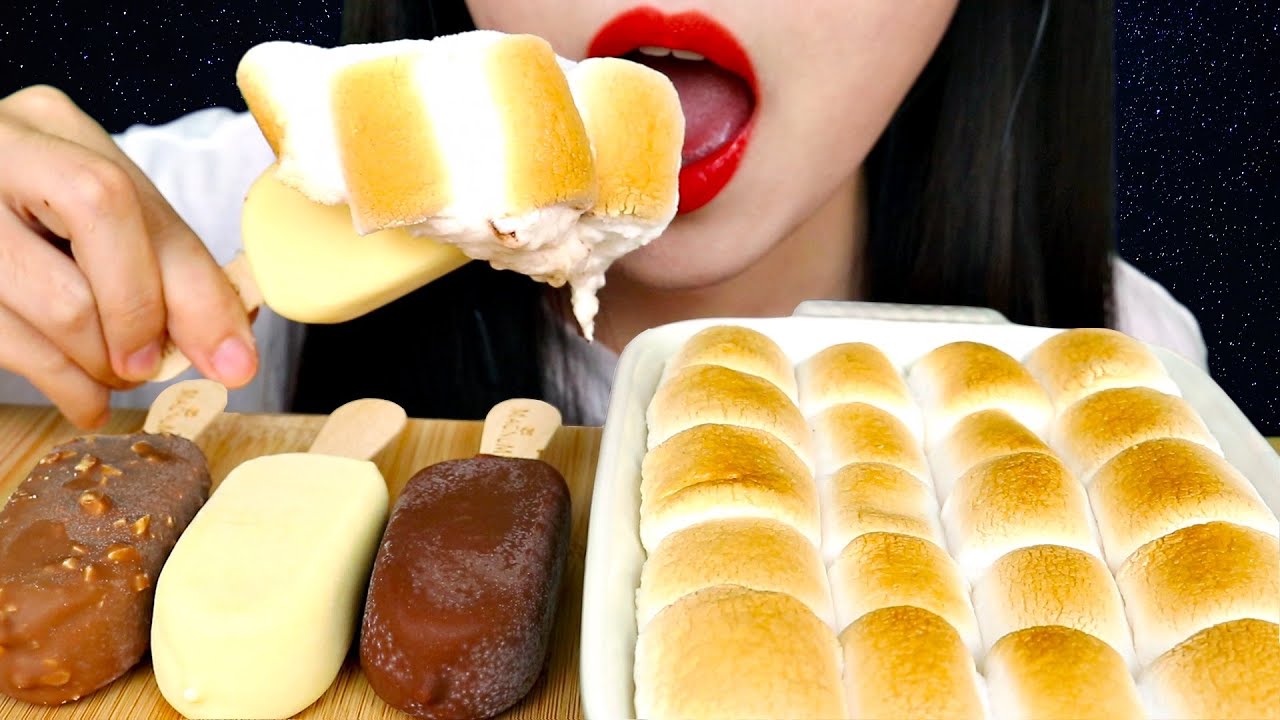 ASMR MAGNUM ICE CREAM + S'MORE MARSHMALLOWS 매그넘아이스크림 + 마시멜로우 스모어 먹방 NO TALKING EATING SOUNDS