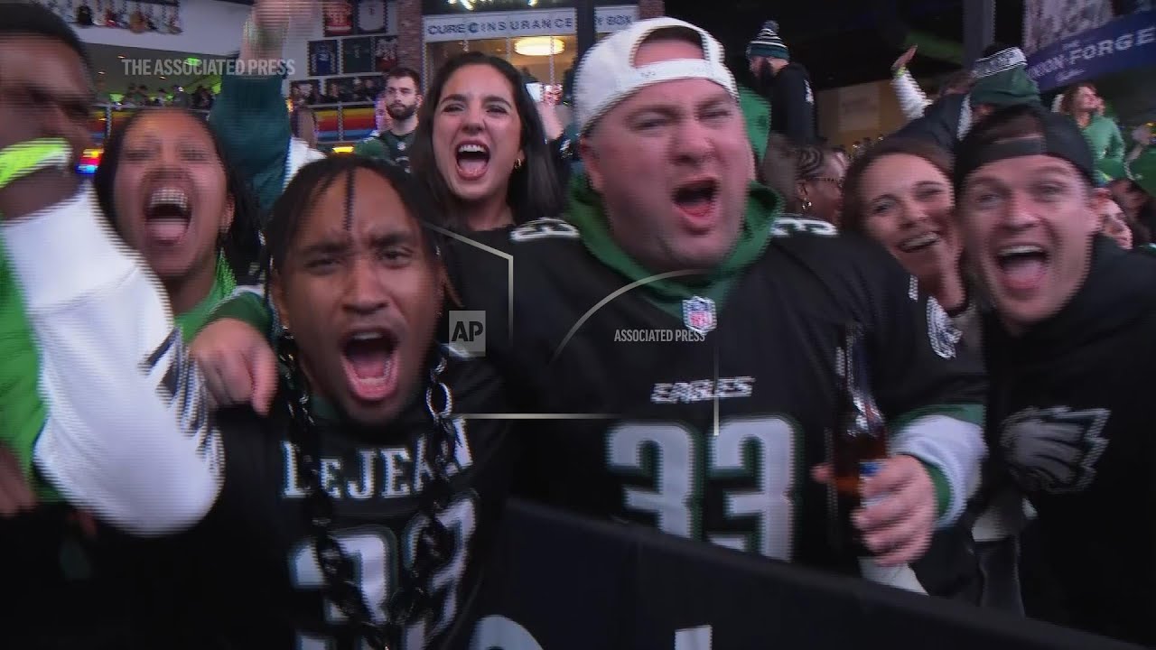 Fans at a watch party in Philadelphia celebrates as the Eagles wins the NFL Superbowl
